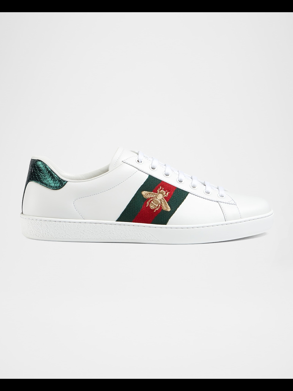 Gucci Men’s White Leather Ace Sneaker with Green-Red Web and Bee
